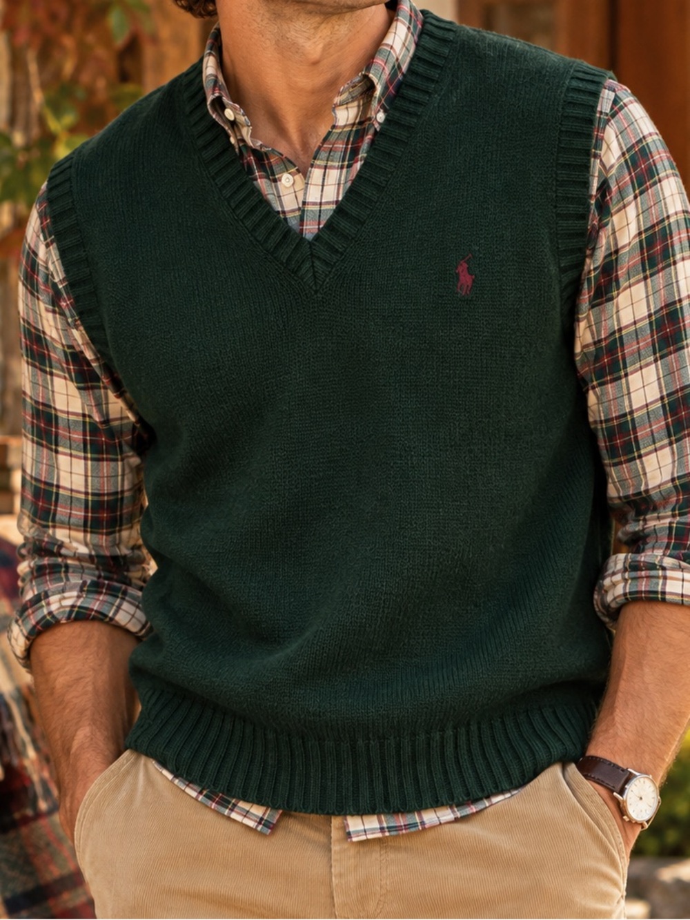 Vintage Polo Ralph Lauren Sweater Vest L Forest Green V Neck Preppy
